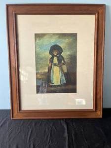 lot 35 image: Framed Vintage Artwork of a Girl with a Basket