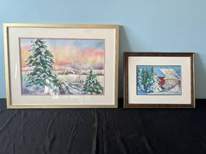 lot 38 image: C.M. Schuster Framed Snowy Landscape Watercolor Art Print Set