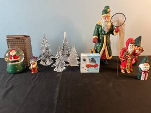 lot 41 image: Christmas Decor Assortment with Hand-Painted Santas and Frosted Trees