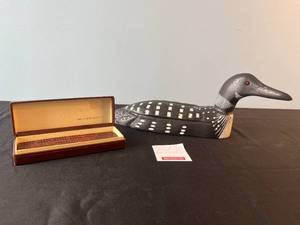 lot 60 image: Hand Carved Loon Cribbage Board with Vintage Milton Bradley Travel Card Kit