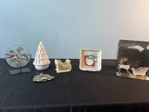 lot 81 image: Assorted Holiday Decor with Lenox Christmas Sleigh and Glass Reindeer Set