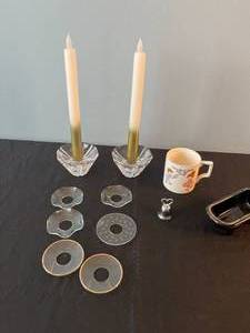 lot 84 image: Vintage Glass Candle Holders, Coasters, Mug, Bell, and Souvenir Dish Lot