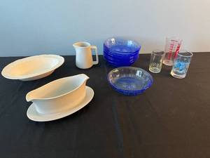 lot 91 image: Assorted Kitchenware Lot Gravy Boat, Serving Bowl, Creamer, Glasses, Blue Bowls