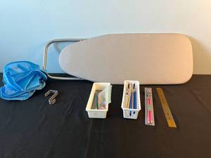 lot 93 image: Lot of Household and Office Items Including Countertop Ironing Board, Rulers, Pencils, and Plastic Organizers