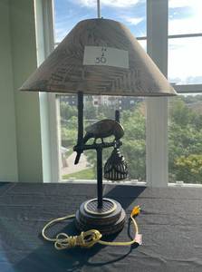 lot 7 image: Decorative Bird Table Lamp with Woven Shade