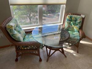 lot 78 image: Wicker Patio Set with Cushions and Glass Top Table