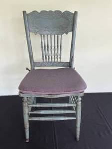 lot 80 image: Vintage Wooden Chair with Decorative Backrest and Purple Cushion