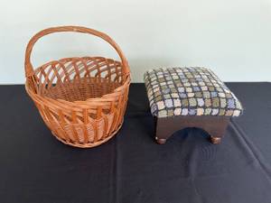 lot 105 image: Vintage Upholstered Footstool and Wicker Basket