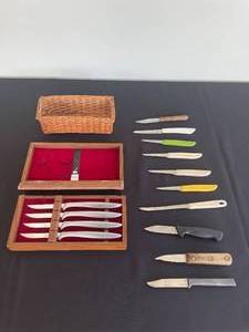 lot 115 image: Assorted Knife Set with Wooden Case and Wicker Basket