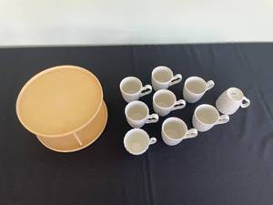 lot 124 image: Johnson Bros White Porcelain Teacups with Wooden 2-Tier Rack