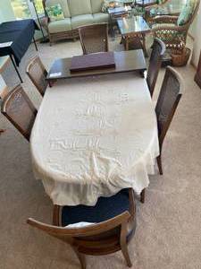 lot 127 image: Vintage Wooden Dining Table with 6 Cane Back Chairs