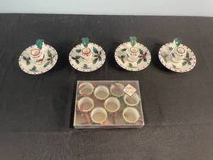 lot 144 image: Lefton Hand Decorated Candle Holders & Christmas Napkin Rings Set