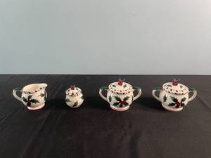lot 146 image: Hand Decorated Christmas Themed Creamer, Sugar Bowl, and Teapot Set