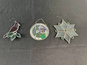 lot 149 image: Lot of 3 Stained Glass Hanging Ornaments - Floral, Star, and Bird Designs