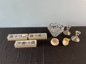 lot 153 image: Lot of Mandarin Napkin Rings, China Dishware, Crystal Bowl, and Metal Candle Holders