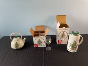 lot 158 image: Spode Christmas Tree Teapot, Thermal Carafe, and Wine Glass Set