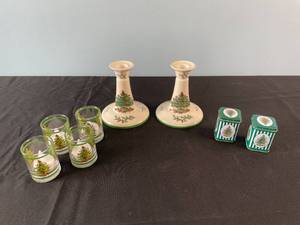 lot 177 image: Spode Christmas Tree Candlestick Holders, Candle Tins, and Votive Holders Set