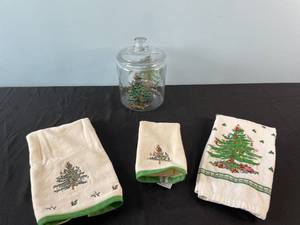 lot 178 image: Christmas Tree Design Towels and Glass Jar Set