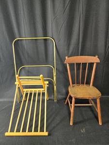 lot 10 image: Vintage Wooden Chair and Metal Frame Rack