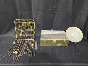 lot 38 image: Vintage Tool Lot Metal Tool Box, Drill Bits, and Yellow Wire Dish Rack