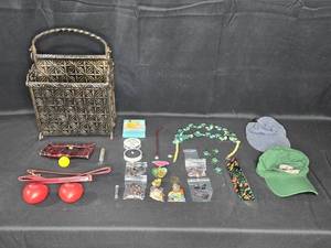 lot 46 image: Lot of Assorted Decorative and Personal Items Including Wrought Iron Basket