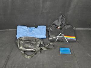 lot 47 image: Lot of Clothing Items and Accessories Pink Floyd Hoodie, Fanny Pack, and Card Holder