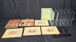 lot 62 image: Collection of Assorted Decorative Serving Trays, Tongs and Acrylic Standing Frames