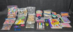 lot 71 image: Large Lot of Arts and Crafts Supplies - Books, Stickers, Pom-Poms, and More