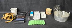lot 76 image: Mixed Household Items Lot - Ice Trays, Pots, Glass Jar, Belt, and More