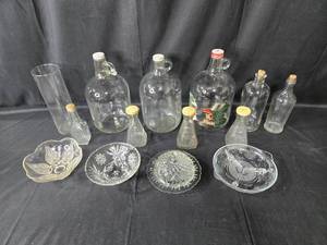 lot 84 image: Lot of Assorted Vintage Glass Bottles and Decorative Glassware