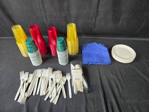 lot 89 image: Lot of Disposable Party Supplies - Cups, Forks, Napkins, and Plates