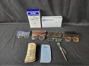 lot 90 image: Lot of Uline Safety Glass Wipes, Uline Nitrile Gloves & Assorted Eyeglasses with Cases