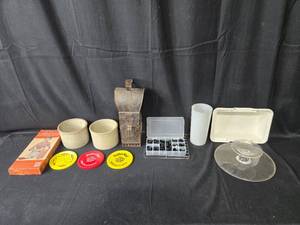 lot 91 image: Assorted Vintage Items Lot - Lunch Bags, Butter-Nut Coffee Lids, Pots, and More