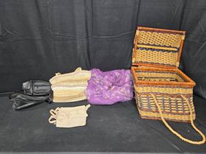 lot 110 image: Woven Basket with Assorted Handbags Lot