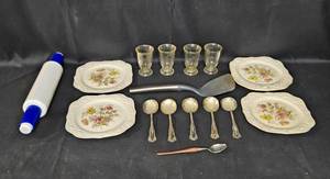 lot 176 image: Collection of Homer Laughlin Plates, Rolling Pin, and Kitchenware