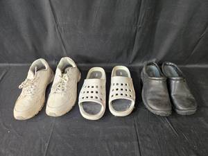 lot 193 image: Assorted Footwear Collection Sneakers, Slip-On Sandals, and Black Clogs - SZ 11