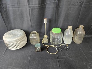 lot 197 image: Vintage Glass Jars, Metal Lamp, and Decorative Items Lot