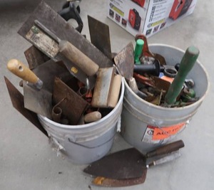 lot 119 image: BUCKETS OF SCRAPERS AND TROWELS