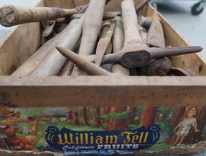 lot 138 image: VINTAGE FRUIT BOX FILLED WITH WELDING HAMMERS PLUS