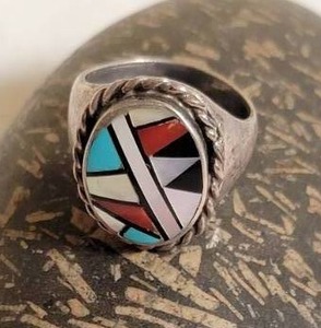 lot 140 image: Native American Mosiac Silver Ring, Size 9
