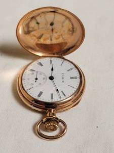 lot 21 image: Antique Elgin 14K Gold Hunter Case Pocket Watch - 29 Grams