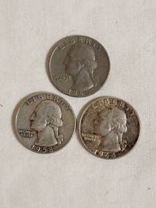 lot 168 image: US Coins  3 Silver Quarters  58 64 68
