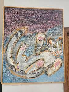 lot 111 image: MCM Playful Kitten Crude Painting Signed on Rear Canvas