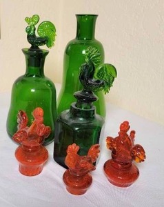 lot 216 image: Colorful Glass Rooster Bottles and Stoppers