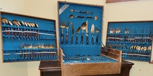 lot 211 image: Vintage Brass and Rosewood Thai Flatware Service in Storage Box