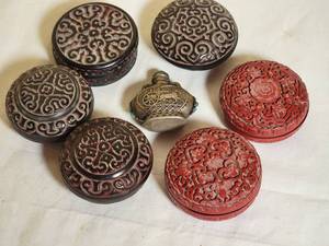 lot 86 image: Asian Cinnebar and Tixi Black Boxes with Ornate Tribal Silver Snuff Bottle