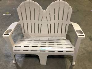 lot 24 image: StyleWell 54 in. Putty Beige Plastic 2-Person Outdoor Adirondack Bench with Phone and Cup Holders    Customer Returns See Pictures