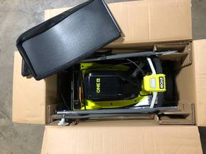 lot 46 image: RYOBI ONE 18V 13 in. Cordless Battery Walk Behind Push Lawn Mower (Tool Only)  Customer Returns See Pictures