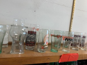 Soda pop lot, full and empty, glasses, crates
