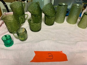 Green glassware, anchor hocking vase, swirl bowls, rooster